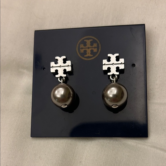 Tory Burch Jewelry - Tory Burch Silver Logo and Gray Pearl Earrings